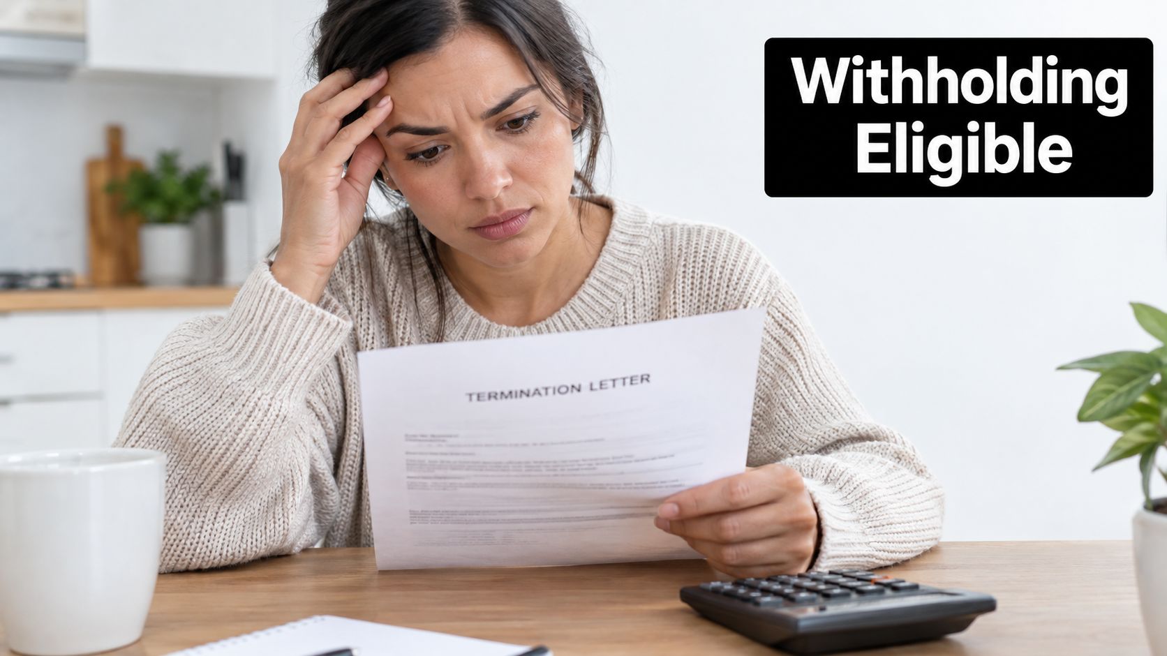 A distressed woman looking at a termination letter while calculating her finances at a wooden desk.