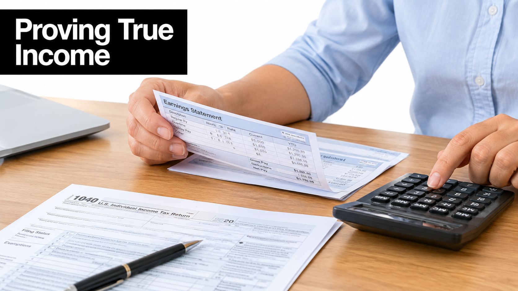 A person reviewing an earnings statement and a tax return form using a calculator for income calculation.