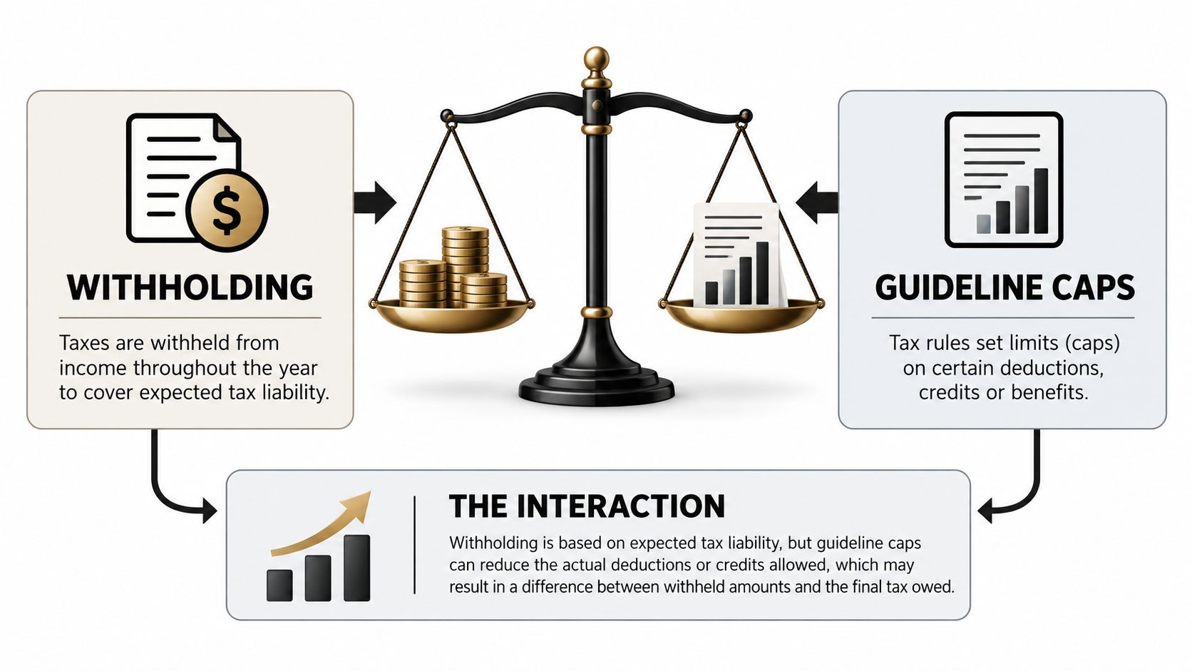 A diagram comparing tax withholding and guideline caps, illustrating their interaction regarding tax liability calculations.