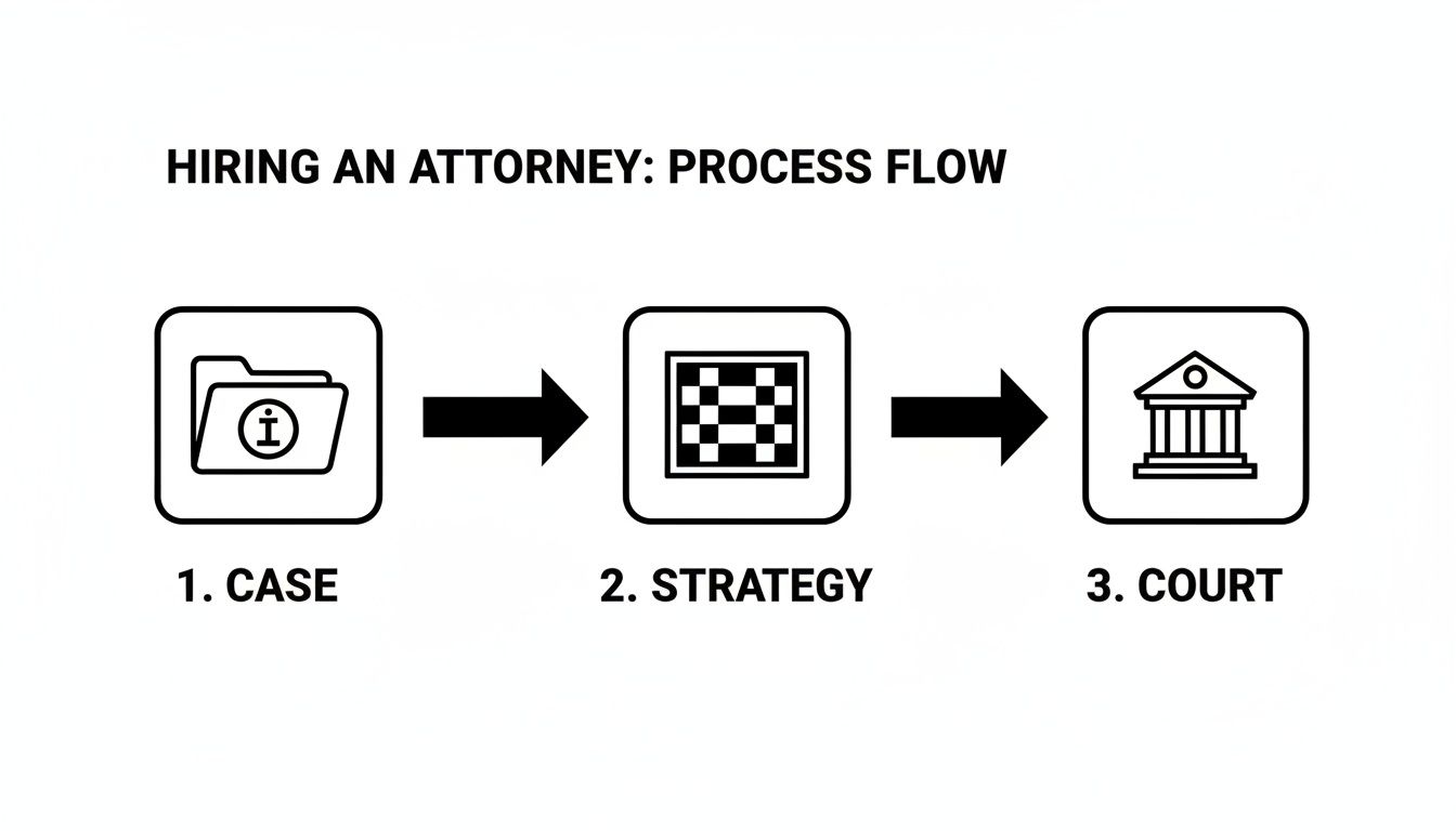 Flowchart illustrating the three-step process of hiring an attorney: case, strategy, and court.