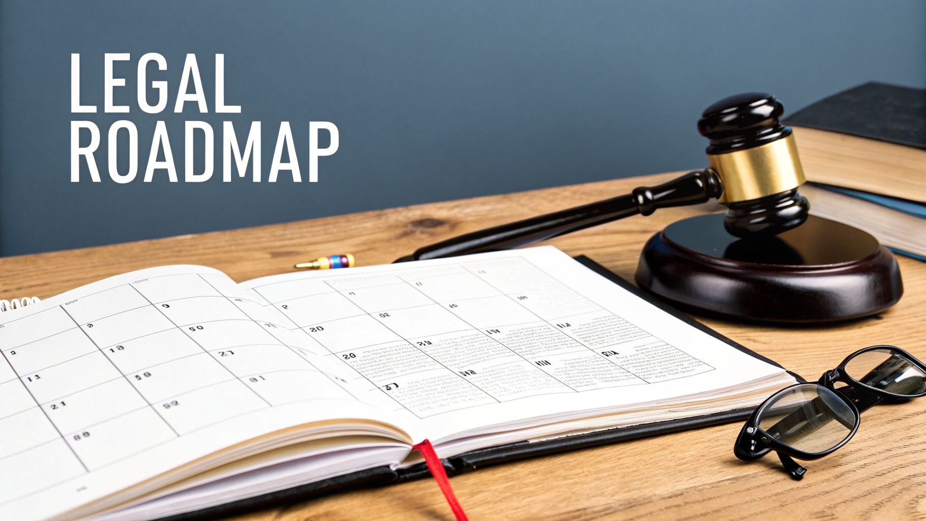 A desk with an open calendar, a legal gavel, and books, displaying 'LEGAL ROADMAP' text.