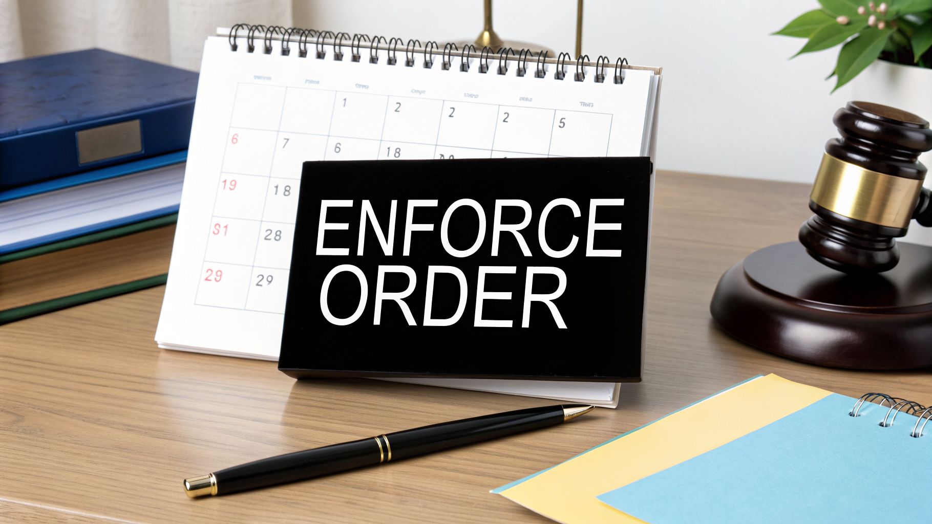 A desk with a calendar, legal books, a gavel, and a sign displaying 'ENFORCE ORDER'.