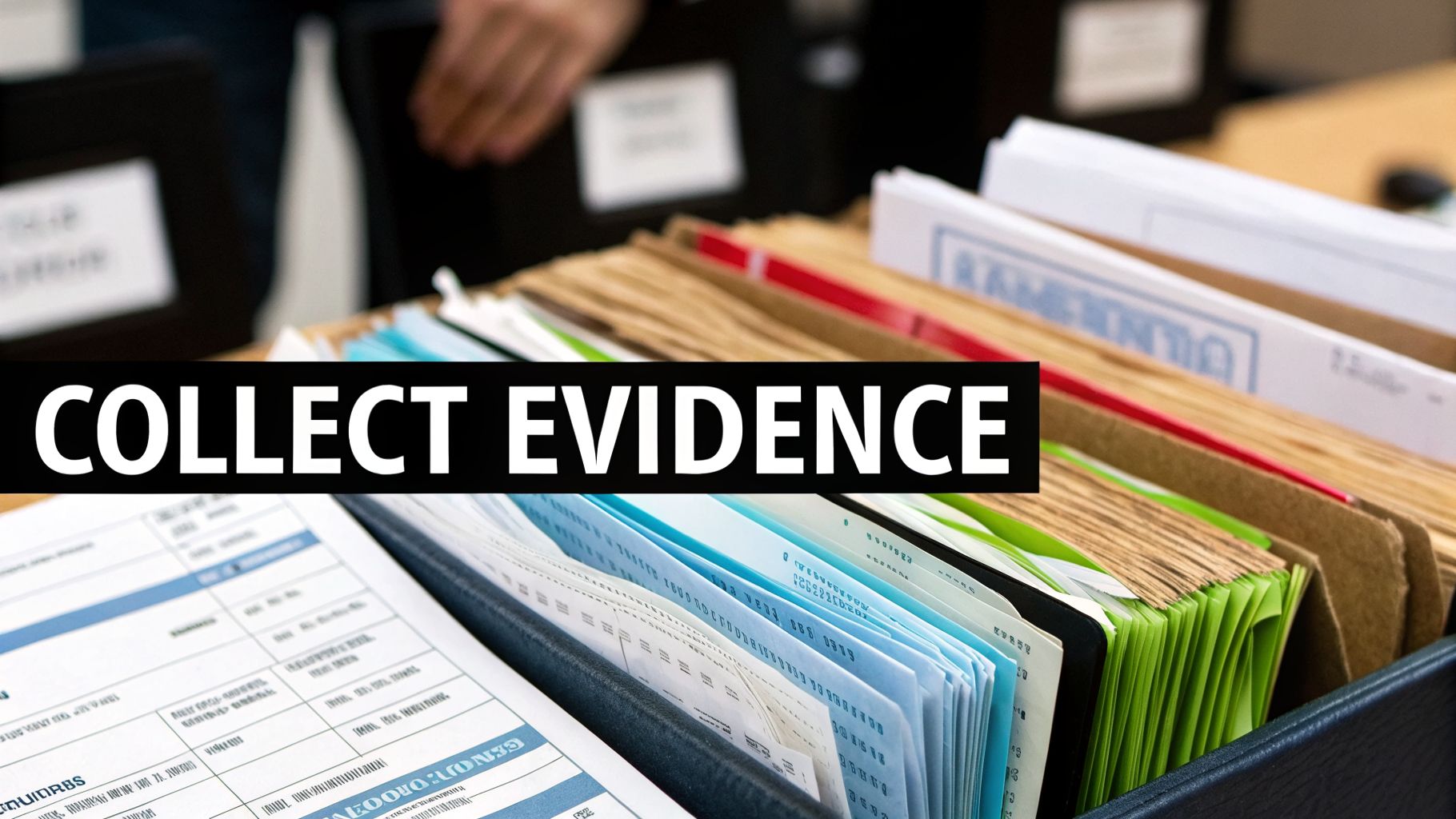 A person organizing legal documents and files, with 'COLLECT EVIDENCE' text overlay.