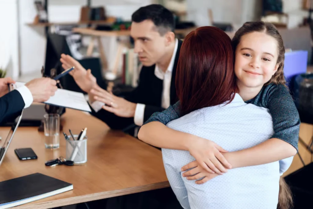 Child hugging mother during child support meeting with attorneys