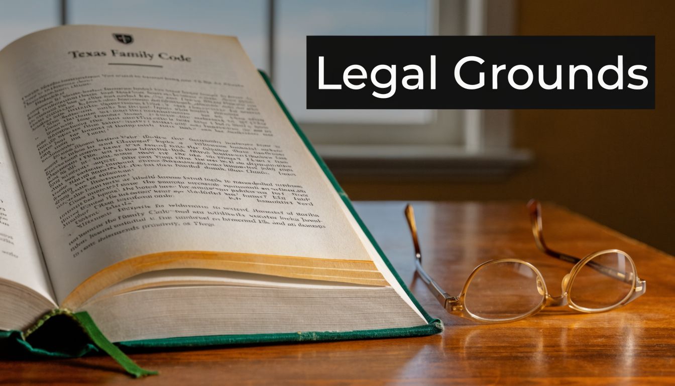 A copy of the Texas Family Code book with glasses on a wooden table, emphasizing legal grounds.