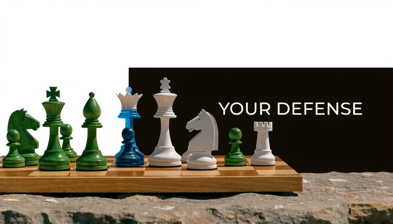 A row of colorful wooden chess pieces on a board against a black background with text.