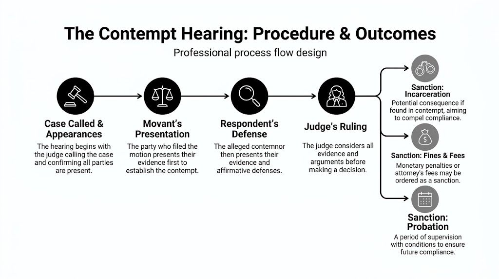 A process flow diagram showing the procedure of a contempt hearing, including court steps and potential sanctions.