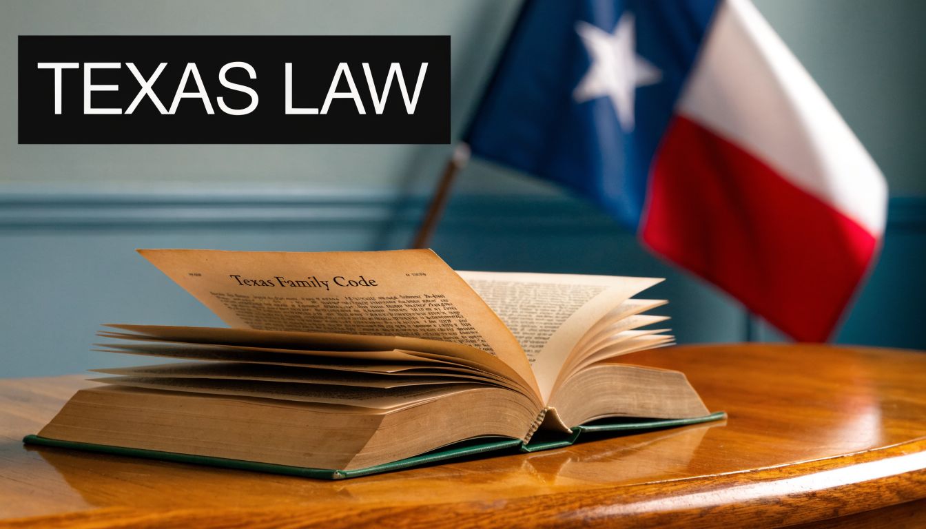 A copy of the Texas Family Code book sits on a wooden table with a Texas flag behind.