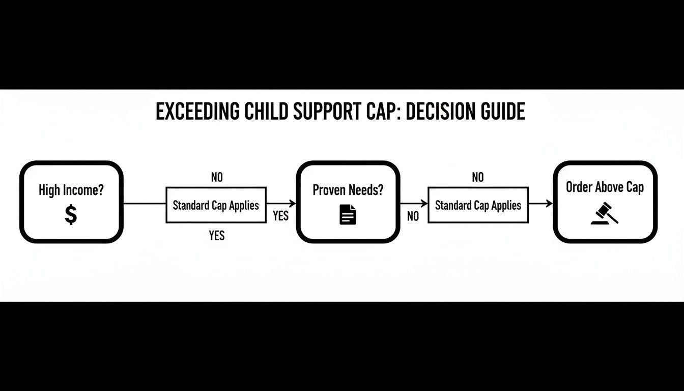 Decision guide flowchart illustrating the process for exceeding child support caps based on high income and proven needs.