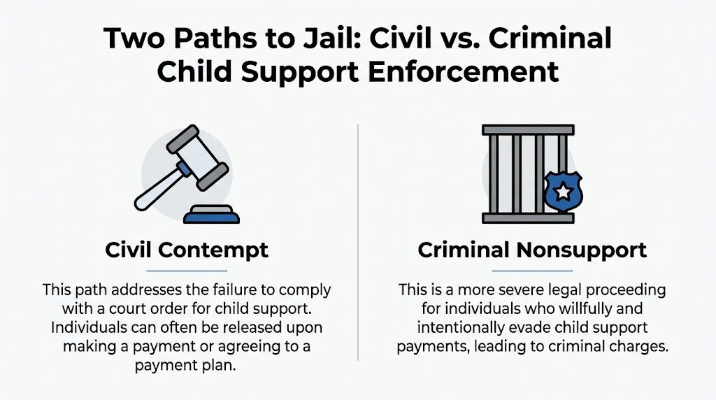 An infographic titled Two Paths to Jail showing differences between civil contempt and criminal nonsupport for child support.