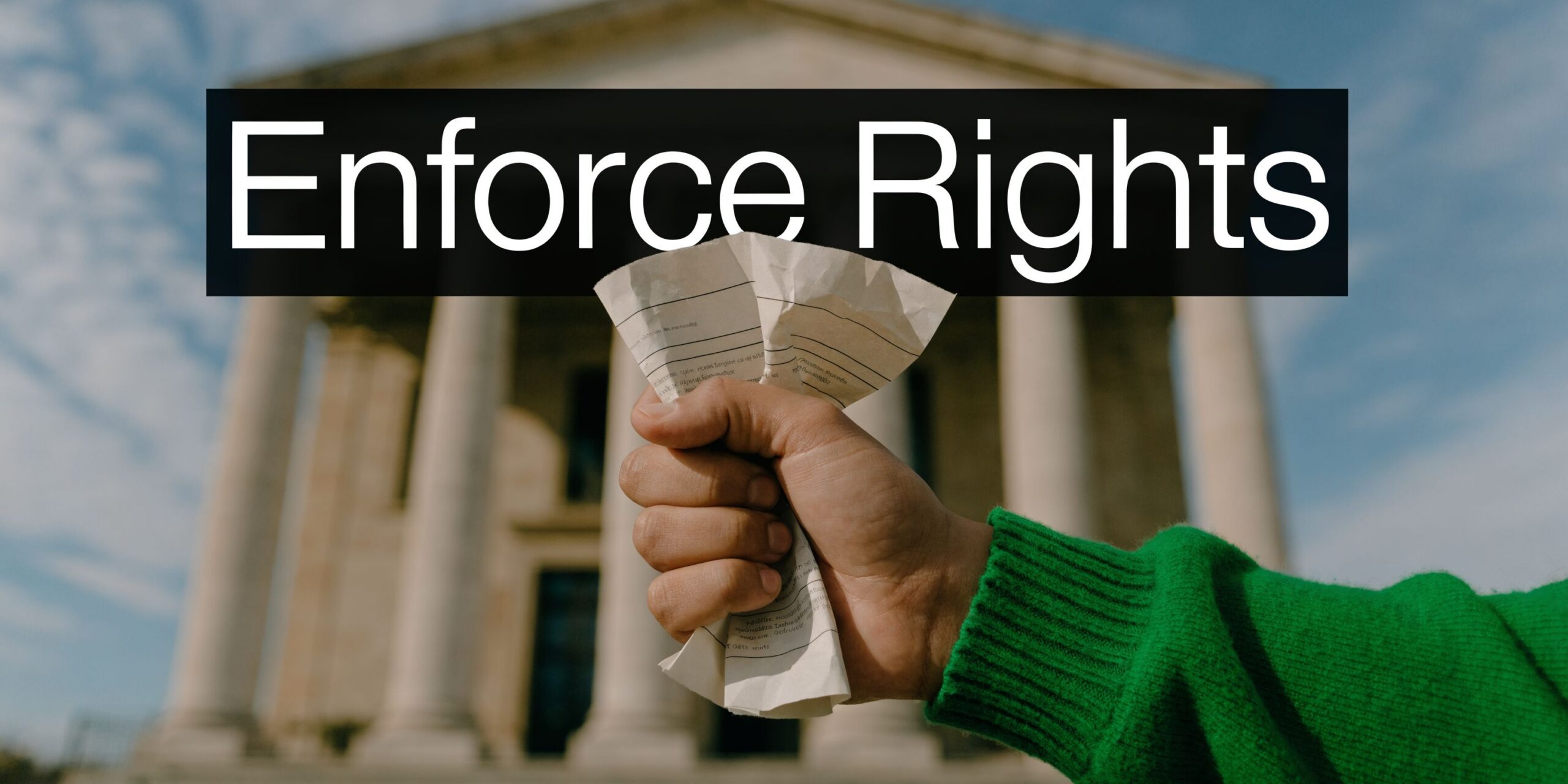 A hand in a green sweater holding a crumpled paper in front of a government building.