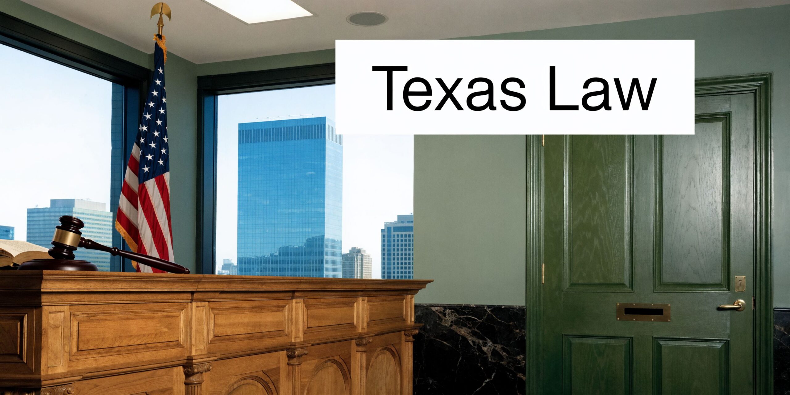 A wooden judge's bench, a gavel, and an American flag set against a backdrop of city buildings.
