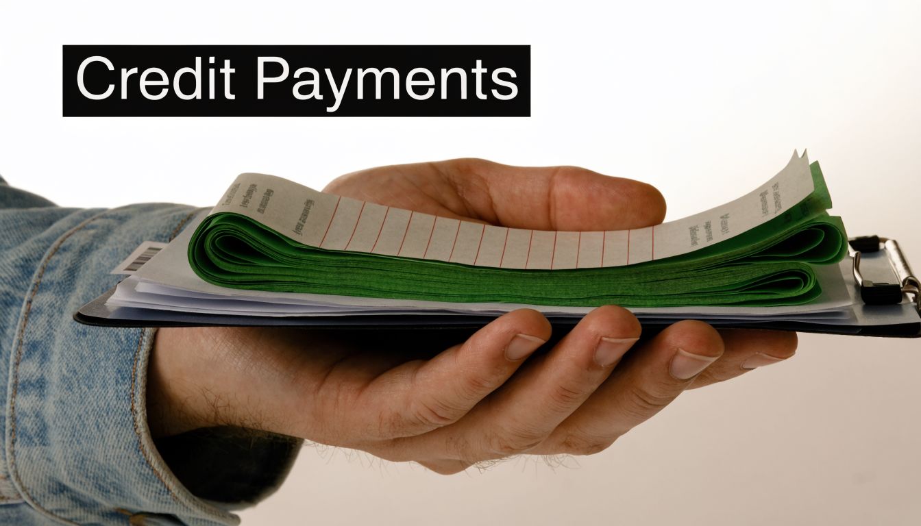 A person holding a clipboard with a large stack of paper credit payment documents in their hand.