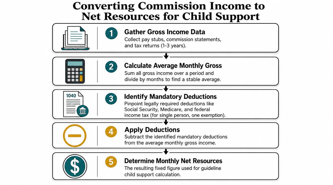 A five-step flowchart illustrating how to calculate monthly net resources for commission-based child support.