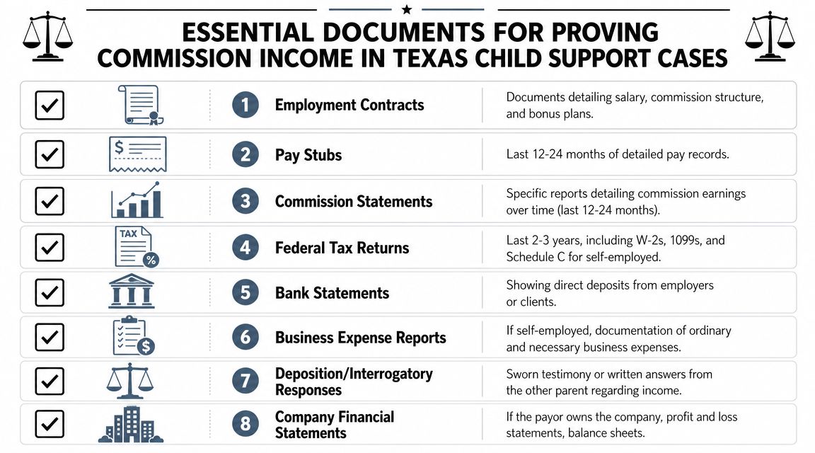 A checklist of essential financial documents for proving commission-based income in Texas child support legal cases.