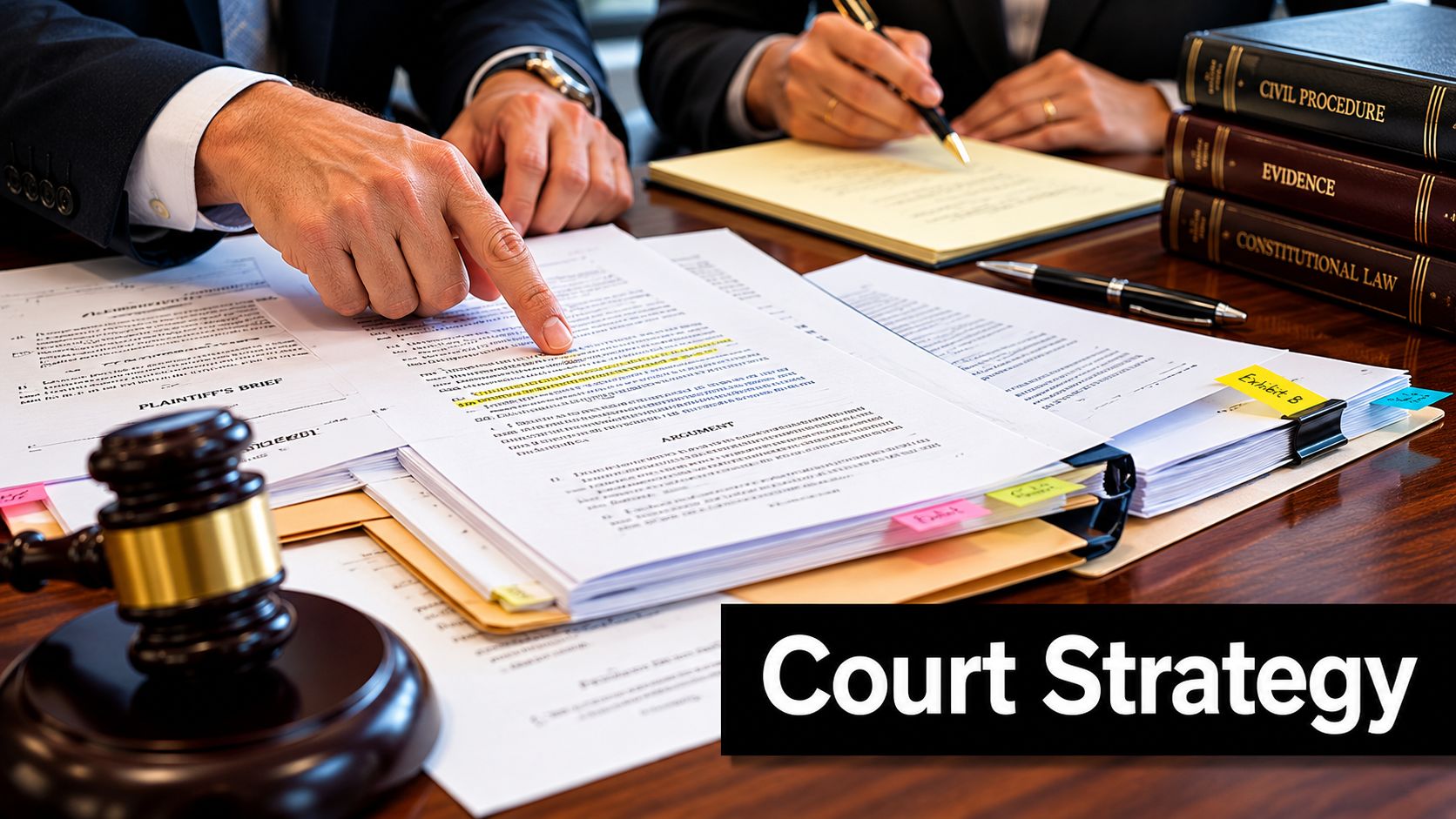 Lawyers reviewing legal documents and court papers on a desk with a gavel and law books.