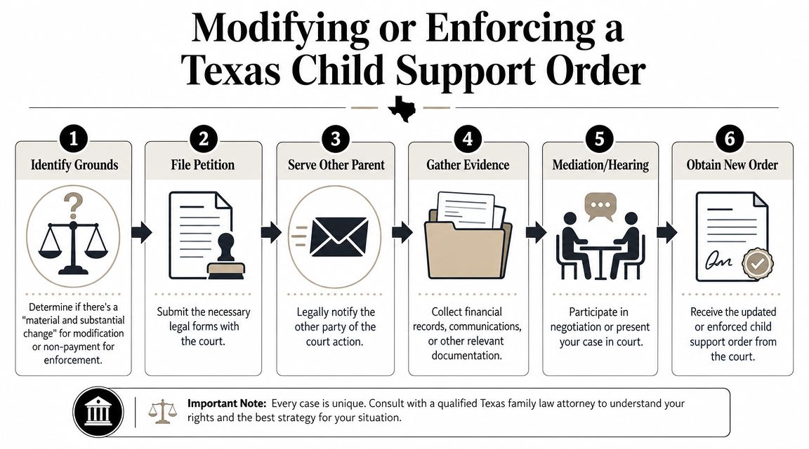 A six-step infographic outlining the legal process for modifying or enforcing a child support order in Texas.