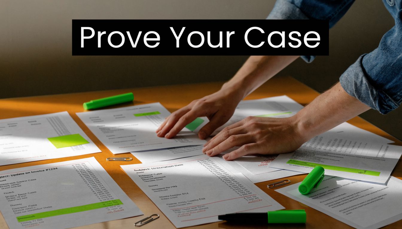 A person organizing legal documents and invoices on a desk to prepare for a child support case.