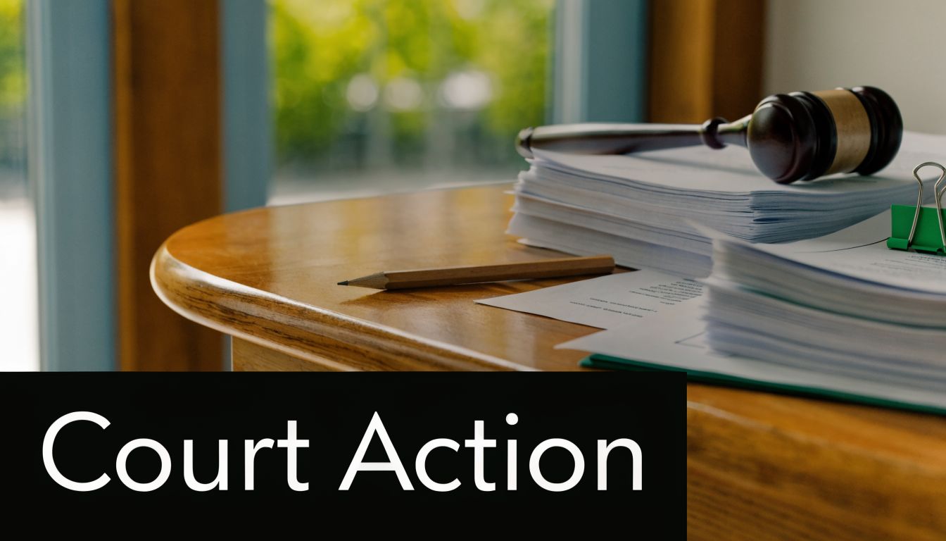 A wooden gavel resting on a stack of legal documents and a pencil on a desk.