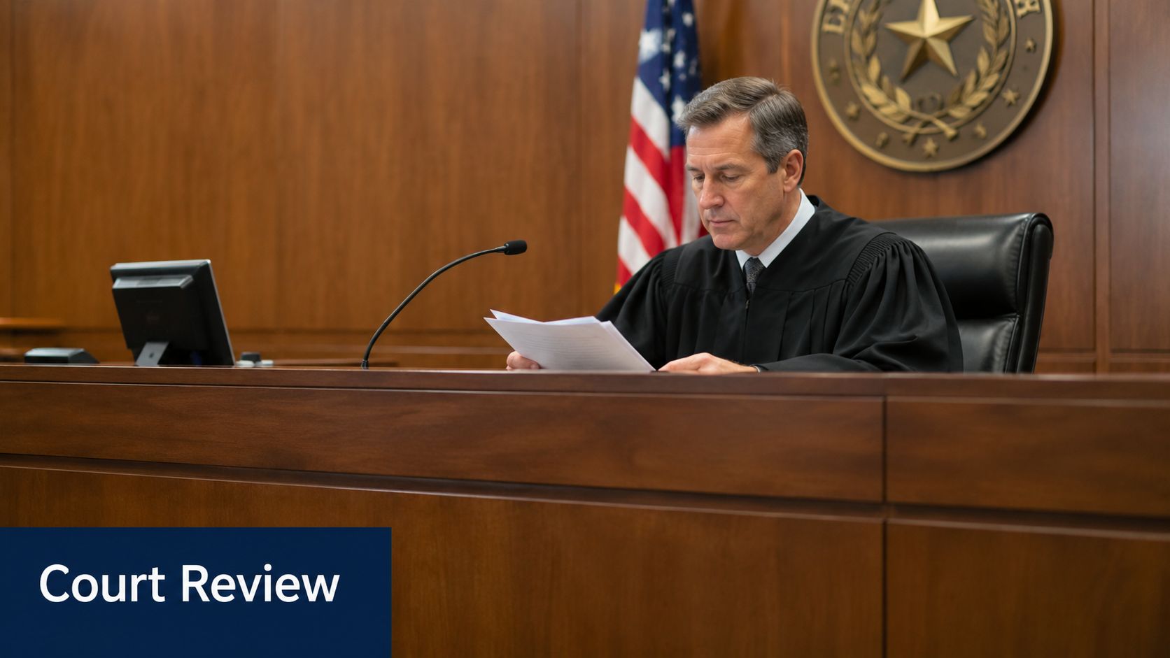 A judge in a black robe sitting at a courtroom desk reviewing legal documents in Texas.