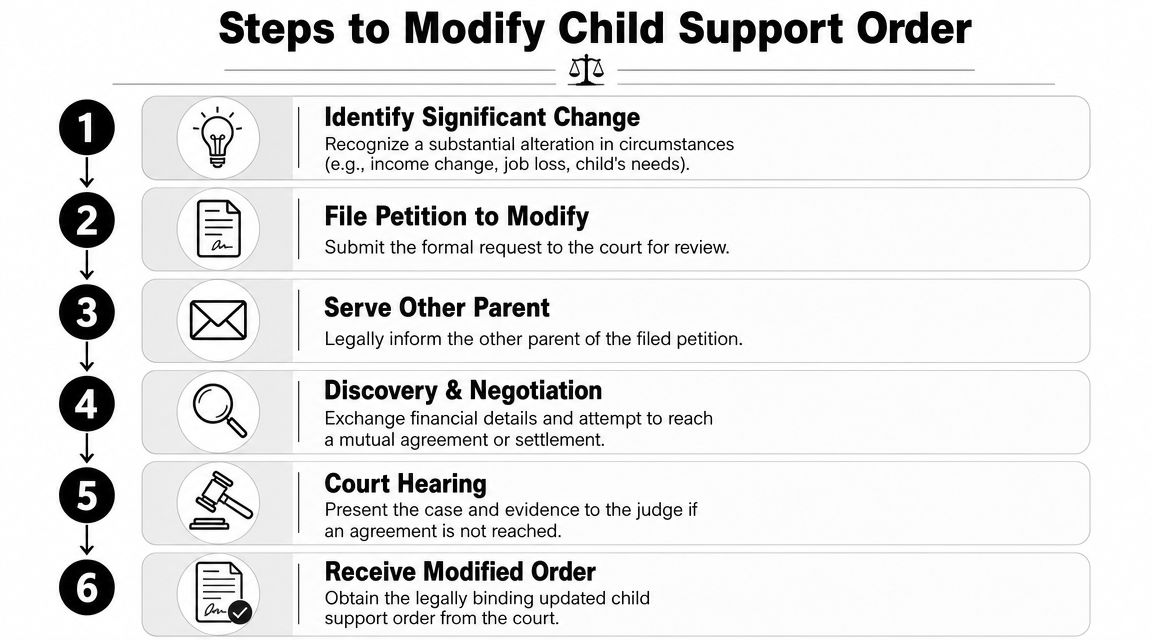 A six-step infographic detailing the legal process to modify a child support court order.