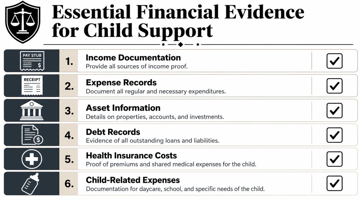 A checklist illustrating essential financial documents required for child support cases including income, expenses, and assets.