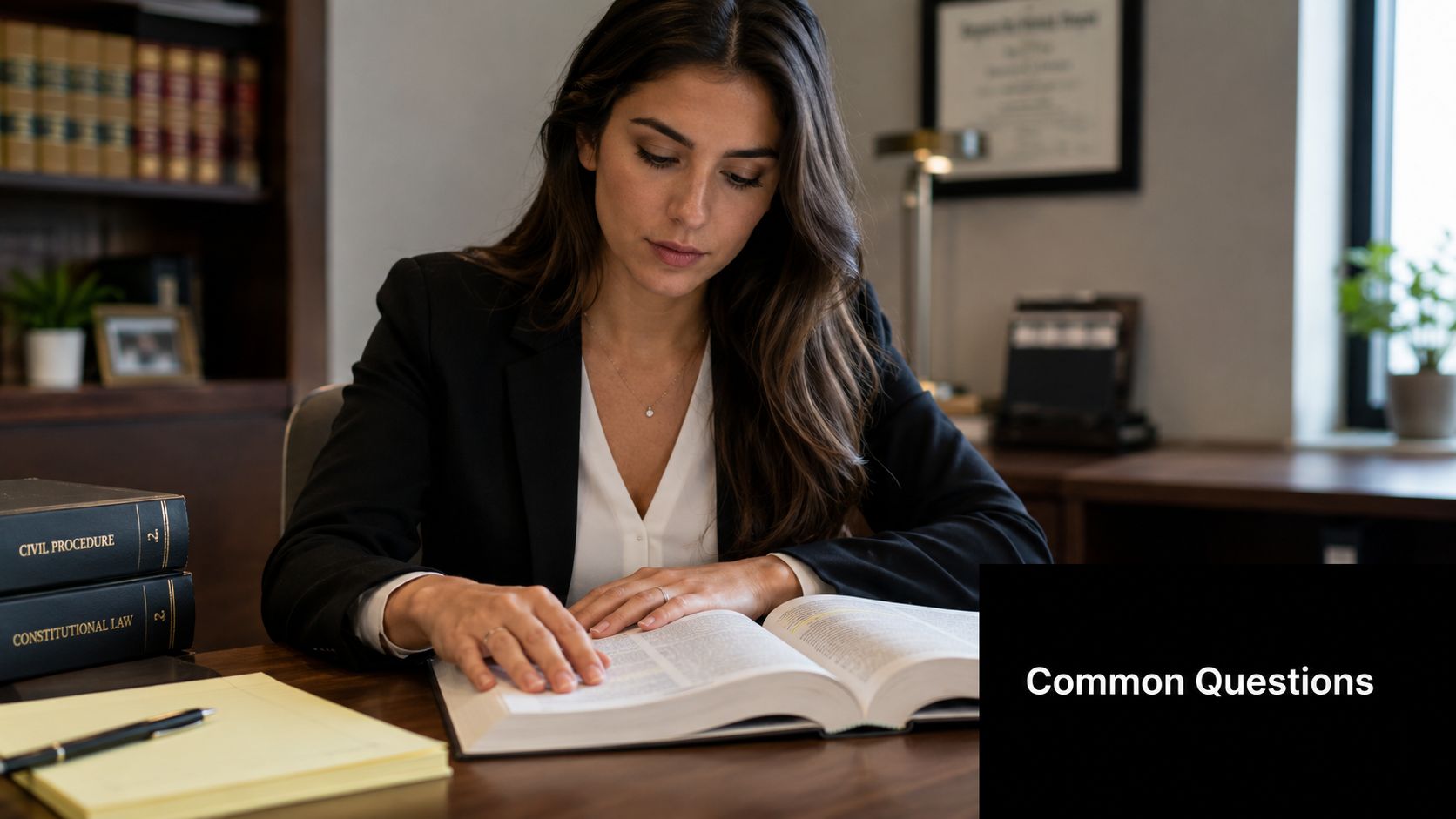 A professional female attorney reading a thick law book at her desk in an office.