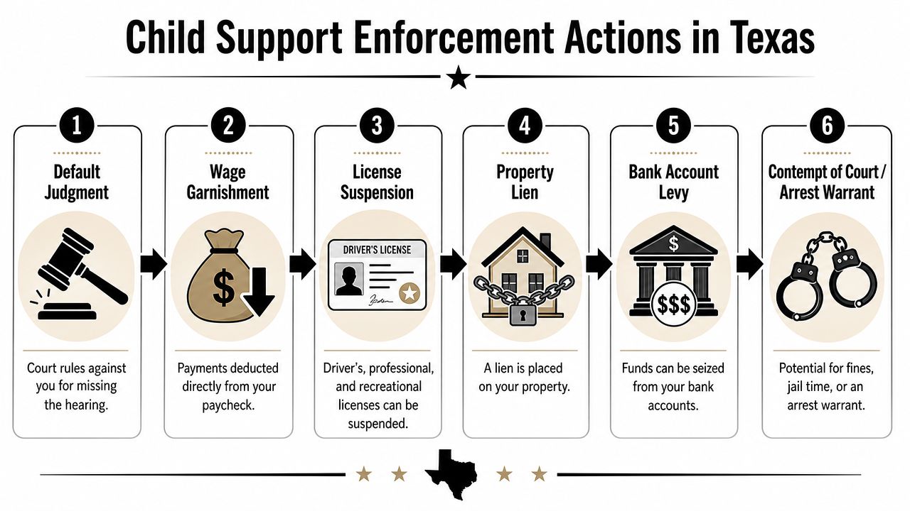 An infographic showing six legal enforcement actions taken against parents missing child support payments in Texas.