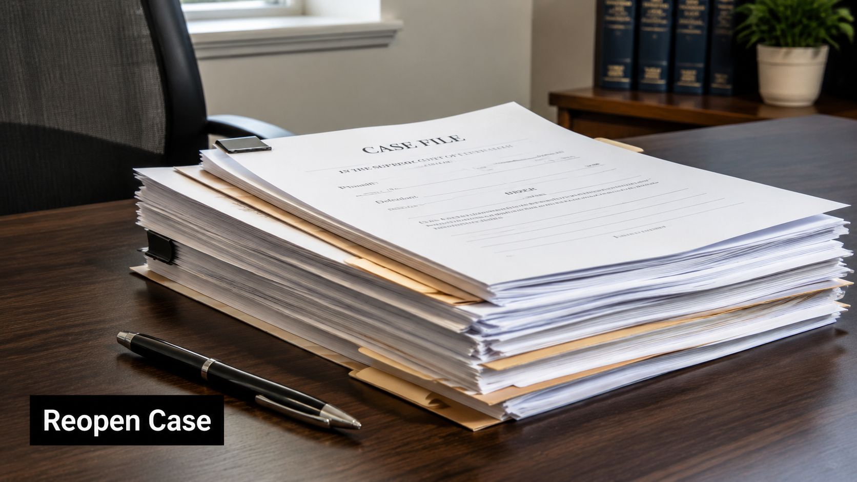 A thick stack of legal case files sits on a dark wooden desk next to a pen.
