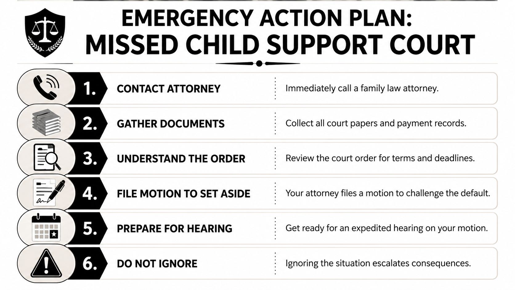 A six-step emergency action plan for parents who missed their child support court hearing date.