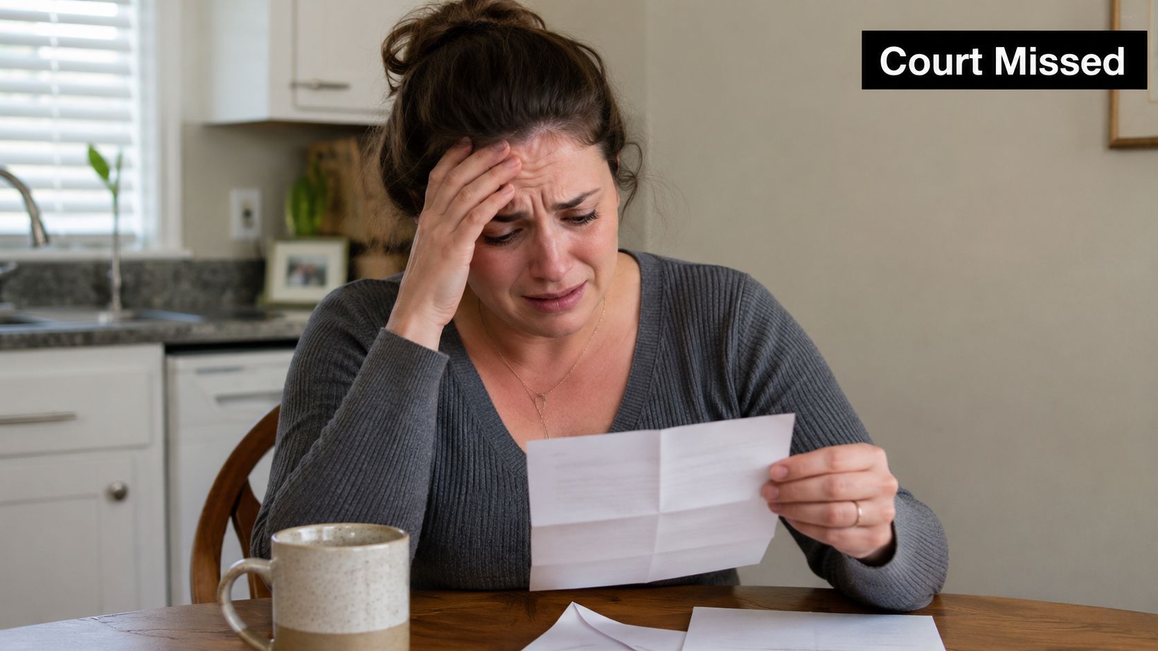 A distraught woman sits at a wooden table looking upset while reading a legal letter.