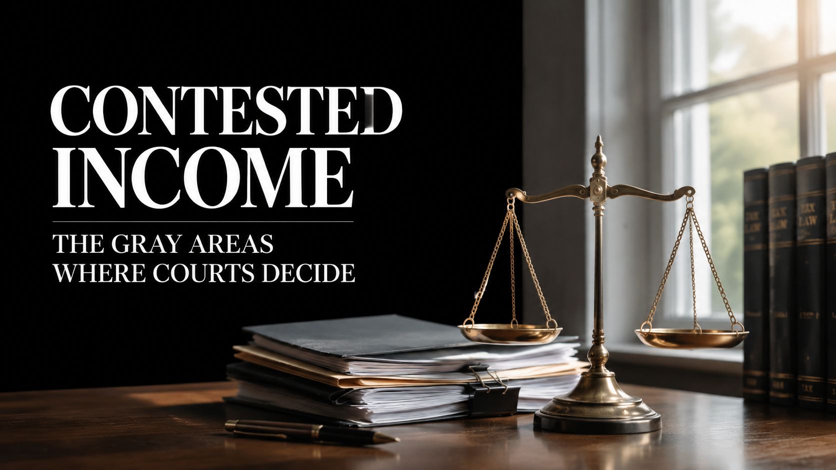 A courtroom setting with a gold scale of justice, legal documents, and books on a wooden desk.