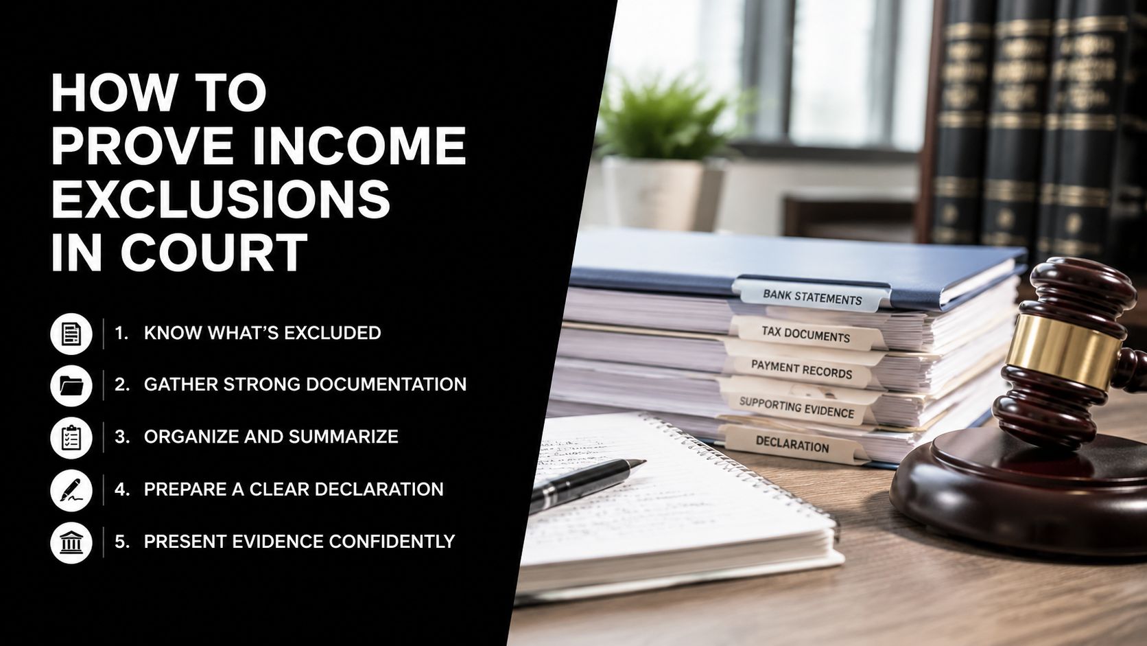 A professional legal guide on proving income exclusions in court featuring document folders and a wooden judge's gavel.