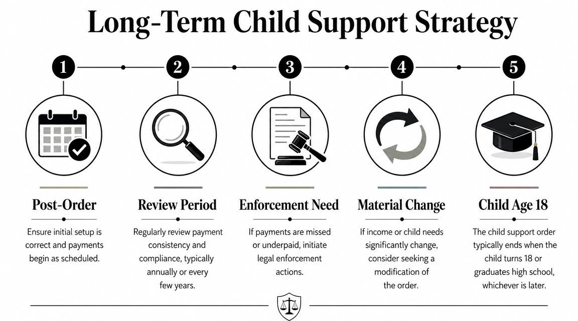 A five-step infographic outlining a long-term strategy for managing child support payments and legal orders.
