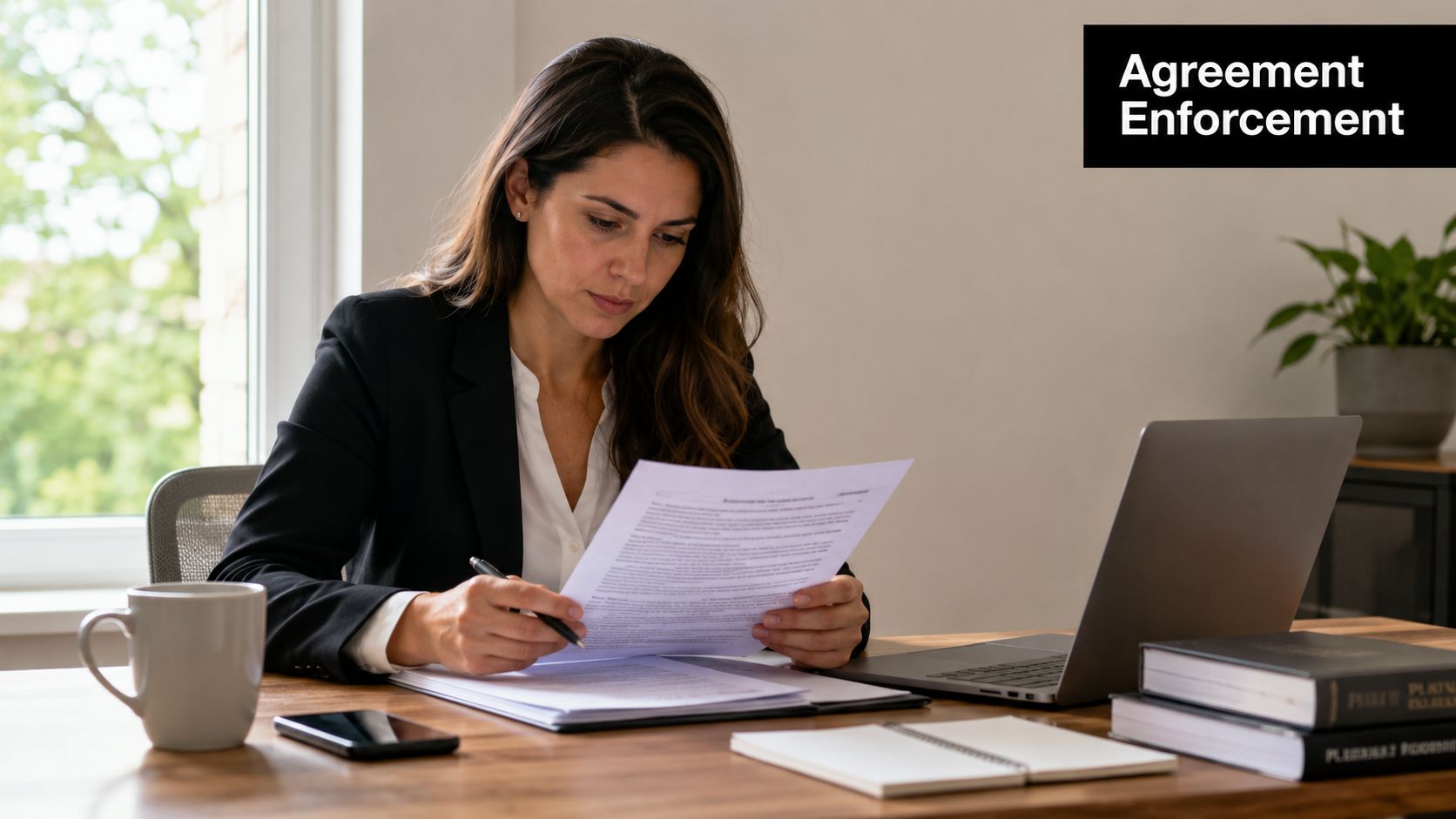 A professional woman reviews legal documents at her desk, symbolizing formal agreement enforcement and contractual review.