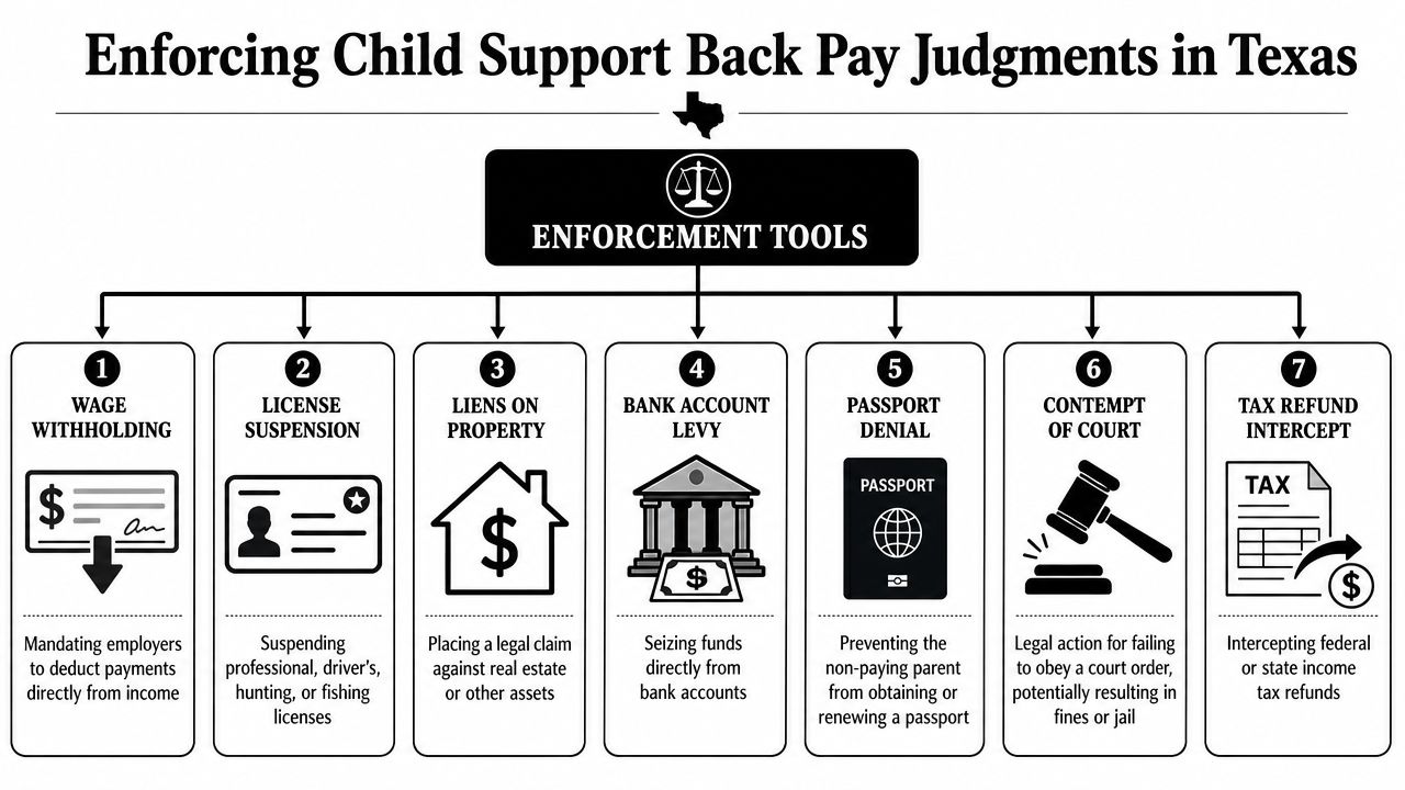 A flowchart infographic detailing seven legal enforcement tools used for collecting child support back pay in Texas.