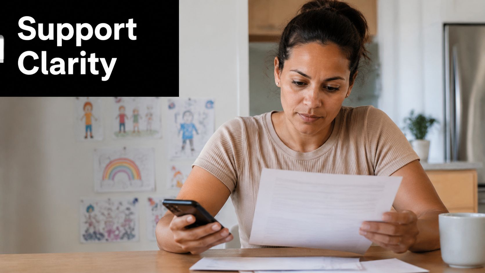 A woman sits at a table reviewing financial documents while holding a smartphone in her home.