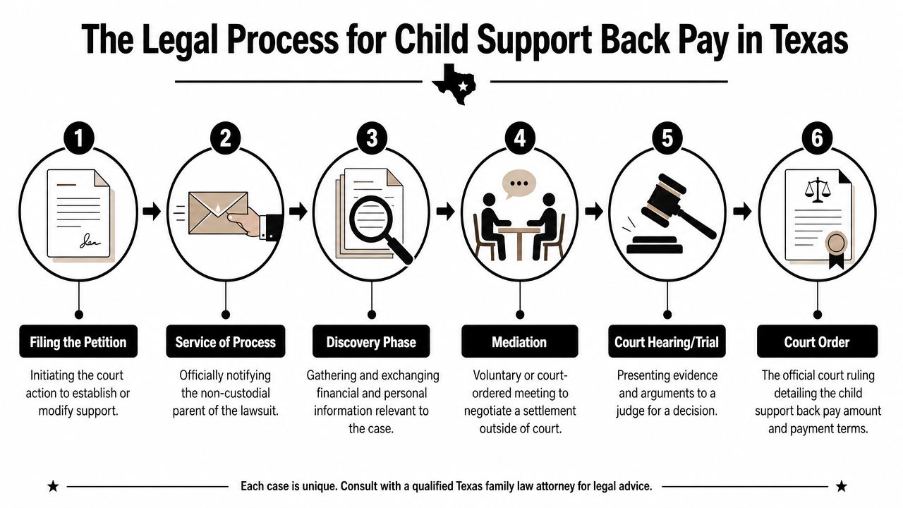 A six-step infographic detailing the legal process for obtaining child support back pay in Texas.