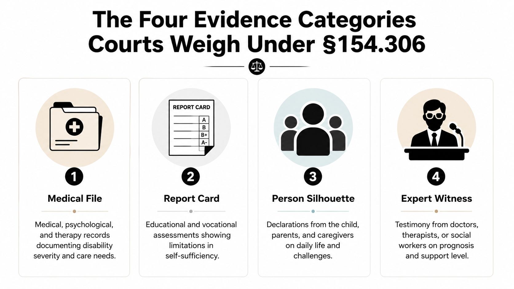 An infographic detailing four categories of evidence courts consider for disabled adult child support cases in Texas.