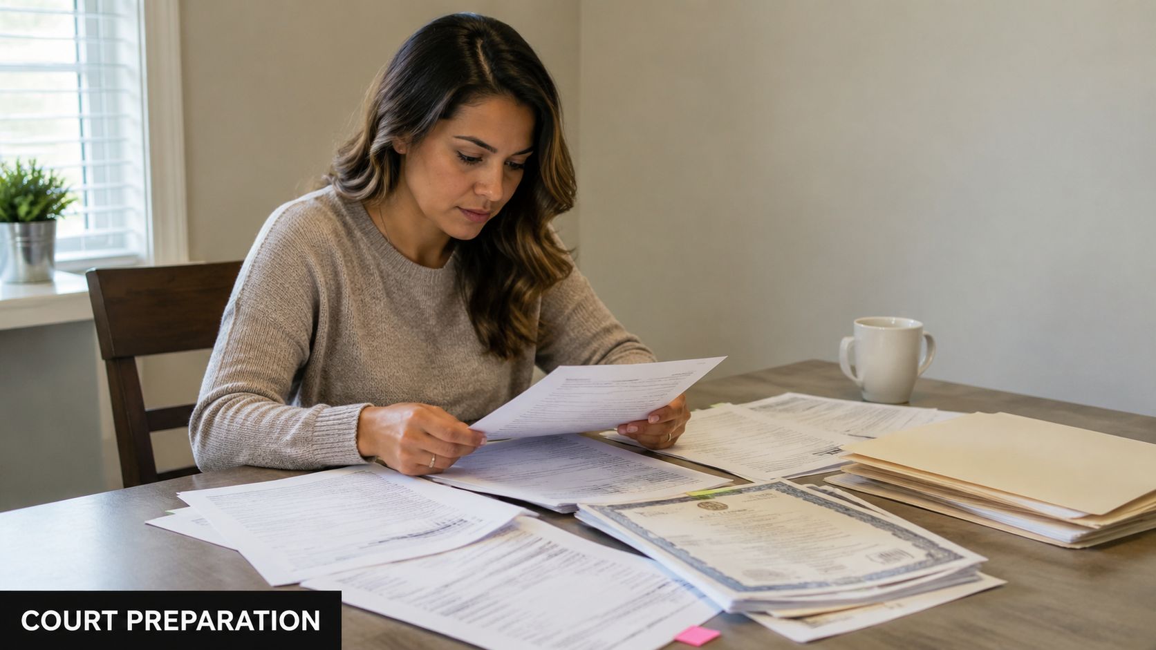A woman reviewing legal documents at a table to prepare for a court hearing.