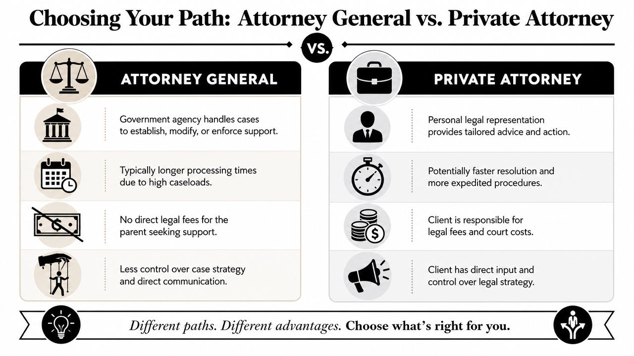 A comparison chart outlining the differences between using an Attorney General versus a private attorney for support.