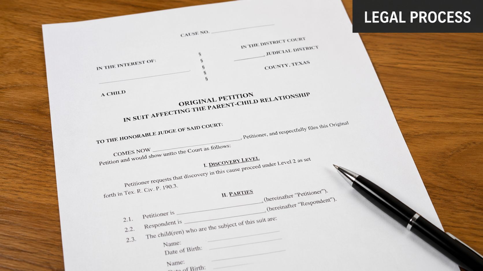 A blank Texas legal document for an original petition in suit affecting the parent-child relationship with a pen.