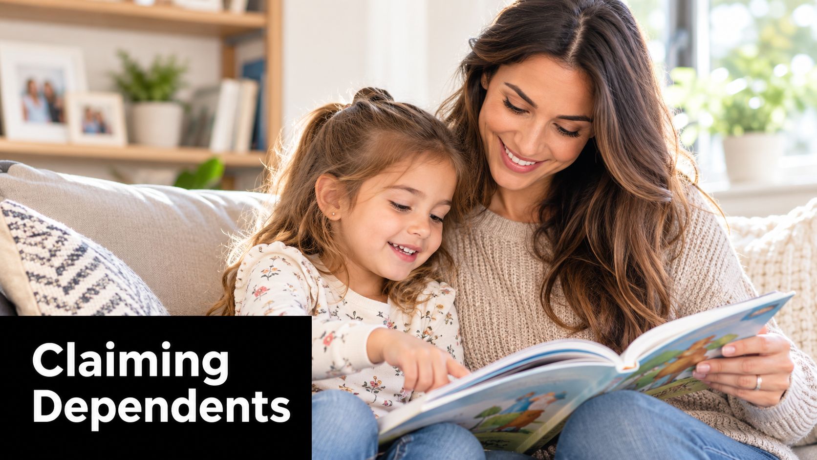 A smiling mother and daughter reading a colorful storybook together while sitting on a comfortable couch.