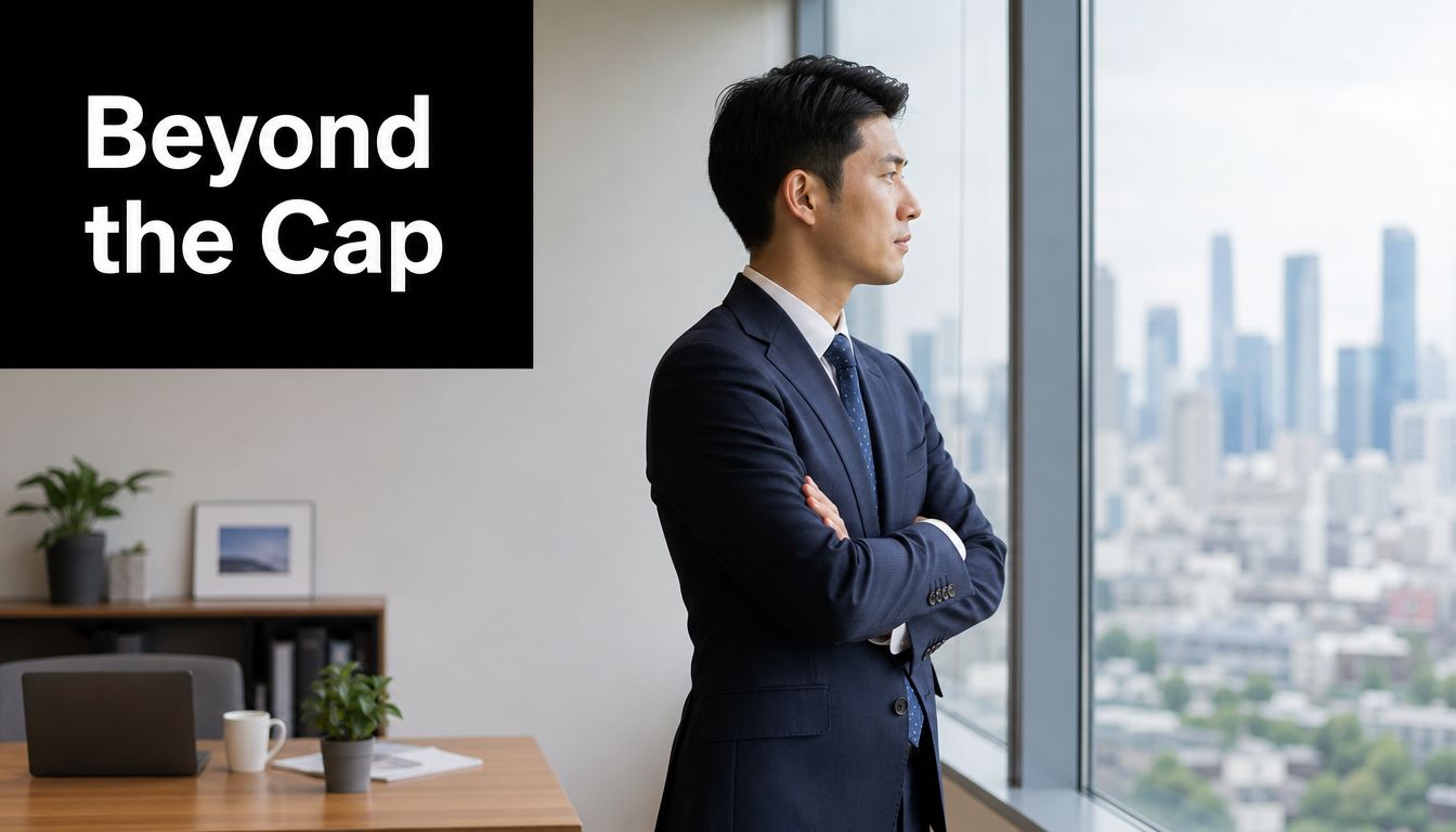 A professional man in a business suit looking out a window at a city skyline.