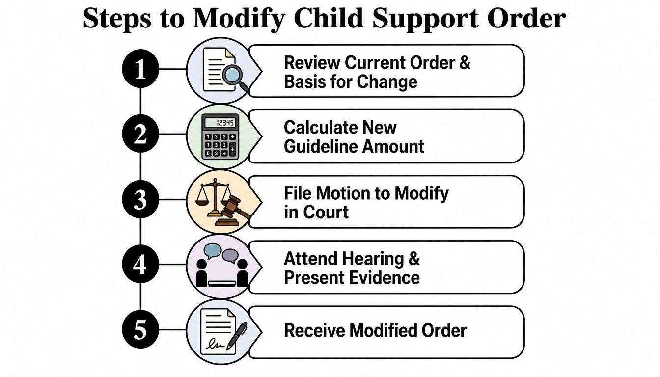 A five-step flowchart explaining the process for requesting a modification to a child support court order.