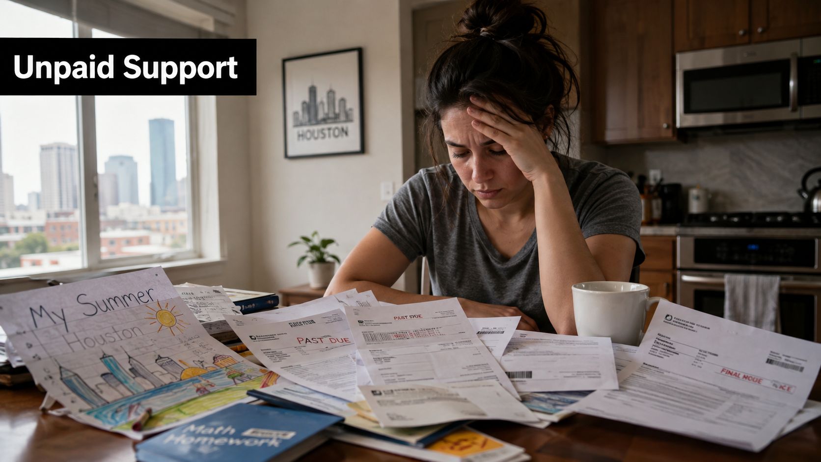 A stressed woman sitting at a table covered in past due bills and children's school documents.