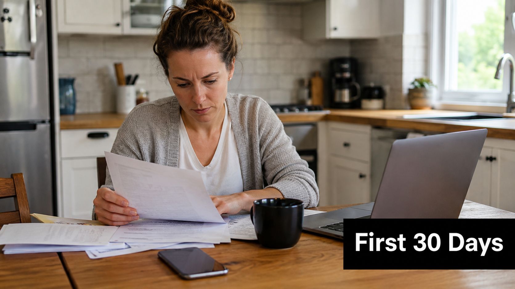 A woman reviewing important financial documents while working from a kitchen table with a laptop computer.