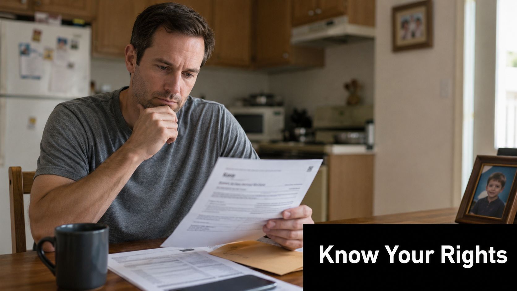 A concerned father sitting at a kitchen table while reviewing legal documents regarding his parental rights.