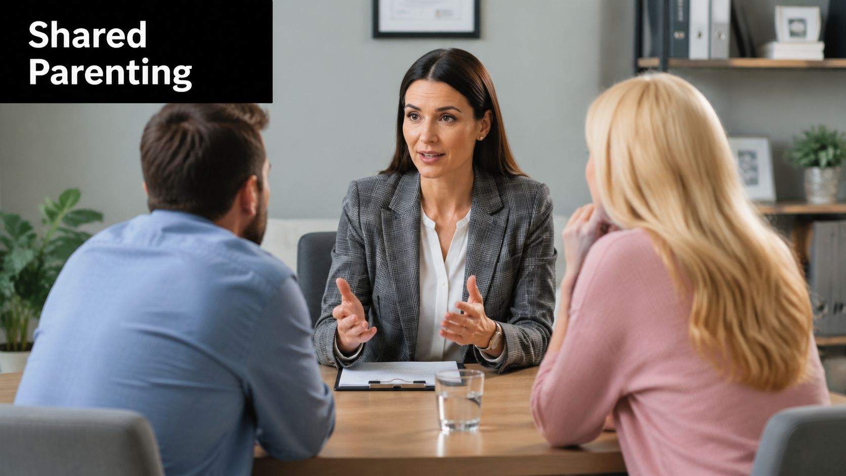 A professional mediator discusses shared parenting arrangements with a couple sitting across from her at a desk.