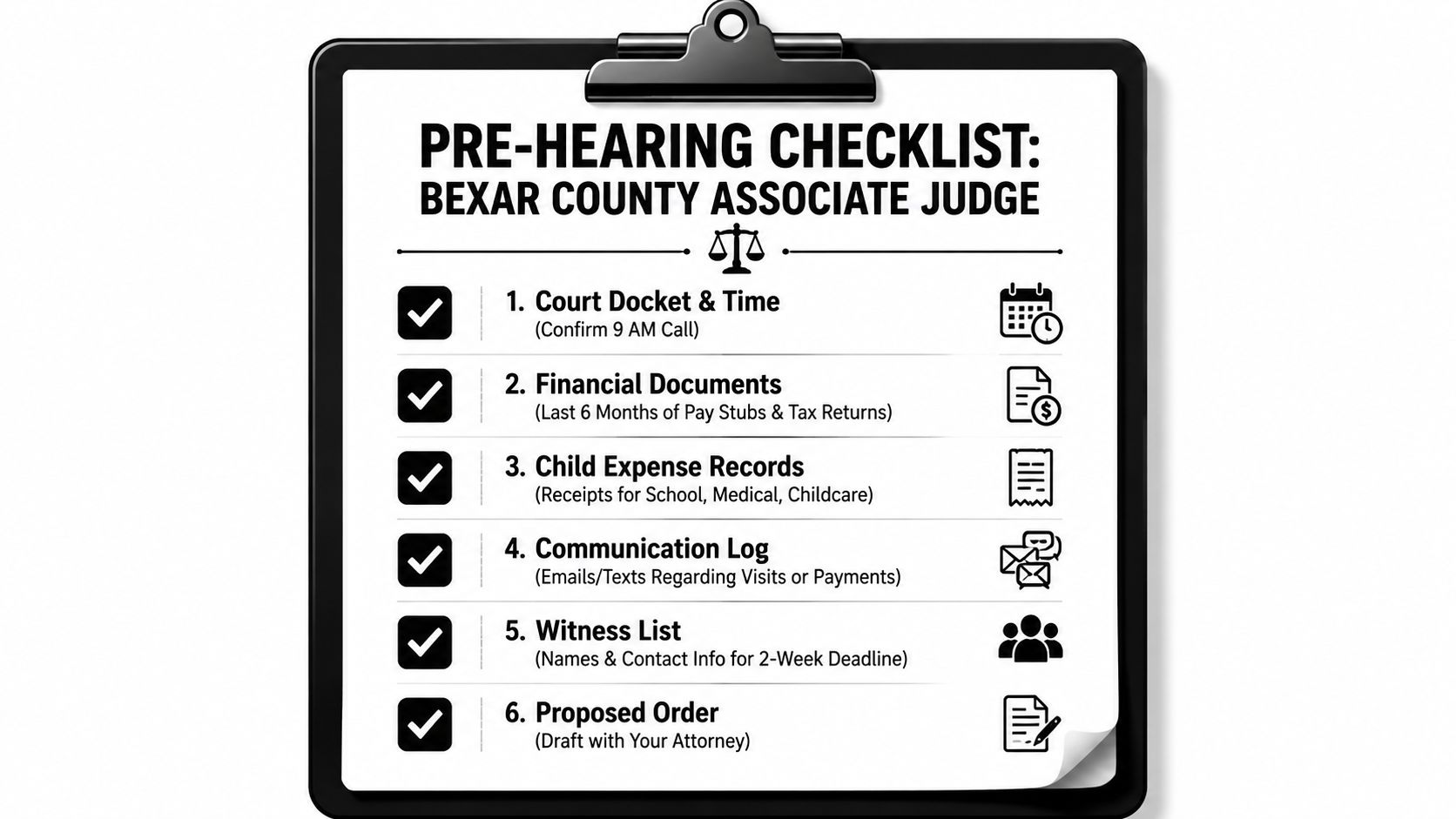 A clipboard showing a pre-hearing checklist for a Bexar County Associate Judge court appearance.
